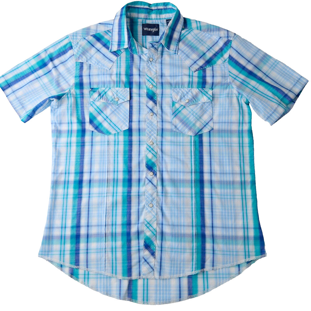 Wrangler Men’s L Western Shirt Blue Plaid Cowboy Rodeo Workwear Short Sleeve